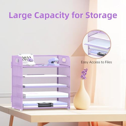 5 Trays Paper Organizer Letter Tray with Handle-Mesh Desk File Holders, Paper Sorter Desk Organizer for Office, Home, Classeoom or School, Purple