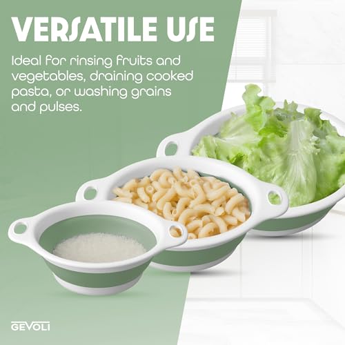 Collapsible Colanders (3 Pack Set) Food Strainers with Over-Sink Water Draining Base for Pasta Fruits and Vegetables, White/Sage (3 Sizes, 3QT, 4QT and 5 Quart)
