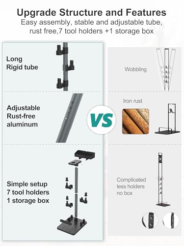 Cordless Vacuum Stand, Adjustable Height, 7 Accessory Holders, Storage Box, Vac Standing Dock Compatible with Stick Vacuum Cleaners (Max. 1 4/5" Vac Wand)