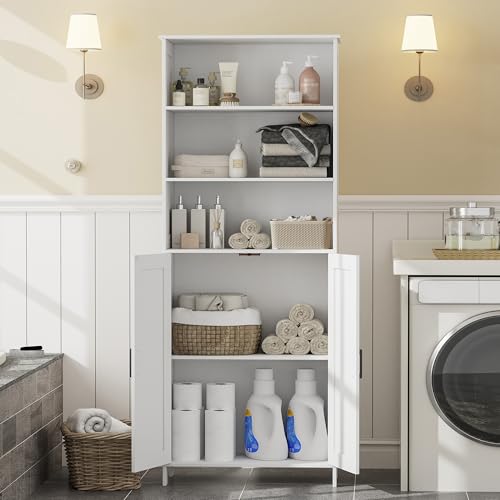 67" Tall Bathroom Storage Cabinet, Bathroom Floor Cabinet | Freestanding Farmhouse Cabinet with Doors and Adjustable Shelf, Linen Cabinet for Bathroom, Living Room, Laundry Room, White