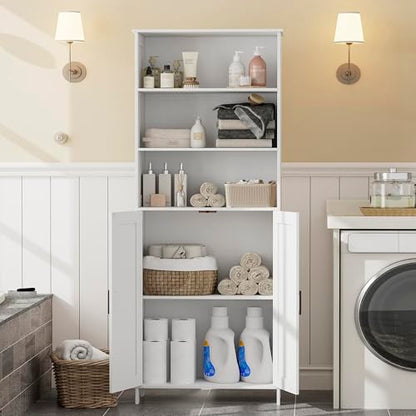 67" Tall Bathroom Storage Cabinet, Bathroom Floor Cabinet | Freestanding Farmhouse Cabinet with Doors and Adjustable Shelf, Linen Cabinet for Bathroom, Living Room, Laundry Room, White