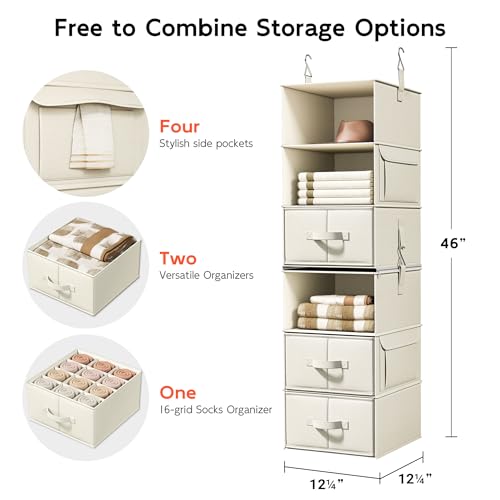 6-Shelf Hanging Closet Organizer with 3 Drawers, 2-in-1 Design, Beige | Converts into Two 3-Shelf Organizers, Foldable Drawers, Side Pockets, Ideal for Wardrobe, Nursery, Dorm & Closet Storage