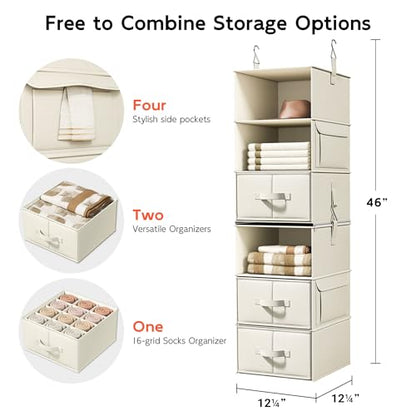 6-Shelf Hanging Closet Organizer with 3 Drawers, 2-in-1 Design, Beige | Converts into Two 3-Shelf Organizers, Foldable Drawers, Side Pockets, Ideal for Wardrobe, Nursery, Dorm & Closet Storage
