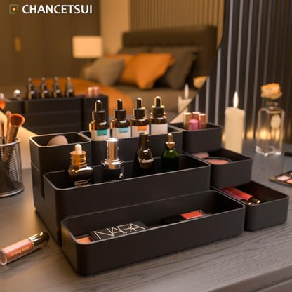 Black Bathroom Drawer Organizer Trays: 9 PC Stackable Desk Organizers Bin | vanity office kitchen modern shallow containers modular storage