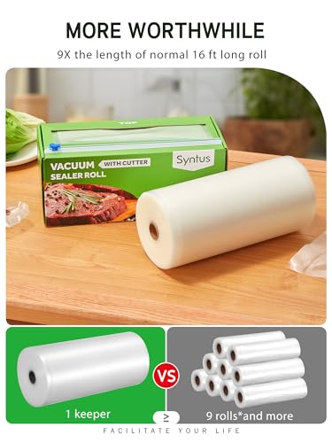 Syntus 11" x 150' Vacuum Sealer Bags Rolls Keeper with Cutter Dispenser | BPA Free, Commercial Grade, Heavy-Duty, Microwave Sous Vide Cooking, Meal Prep, Custom Length, Precise Cuts, for Food Storage