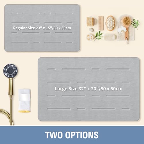 Large Stone Bath Mat, 32"x 20" Diatomaceous Earth Bath Mat for Bathroom Quick Drying Absorbing, Long Non-Slip Diatomite Hard Stone Shower Mat Instant Dry(Light Grey)