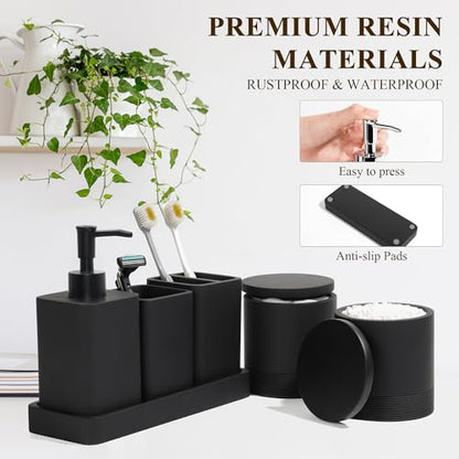Bathroom Accessories Set, 6 Piece Soap Dispenser Set - Matte Black | Bathroom Set with Toothbrush Holders, Soap Dispenser, Vanity Tray, Tumbler, Cotton Swab Jars, Bathroom Organizer and Storage