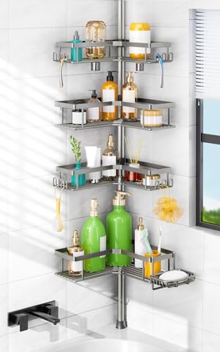 HAMITOR Shower Organizer Tension Pole: 4 Tier L-Shaped Corner Bath Shelf | Rustproof Corner Caddy with Soap Holder & Hooks, No-drill Adjustable Bathroom Rack for Apartment, Small Spaces, 47-123In