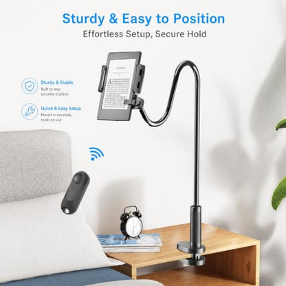 Gooseneck Tablet Holder for Kindle Reading in Bed with Page Turner Remote, Hands Free Desk Bedside Lazy Arm Stand for Kindle Accessories, Gifts for Readers