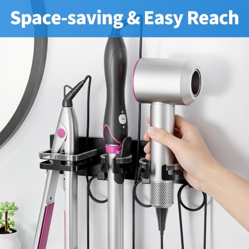 Hot Hair Tool Organizer Wall Mount with Plug & Cord Storage, Black | Blow Dryer Holder, Metal Hair Straightener Curling Iron Flat Iron Rack, Heat Resistant Hair Dryer Holder for Bathroom , Salon