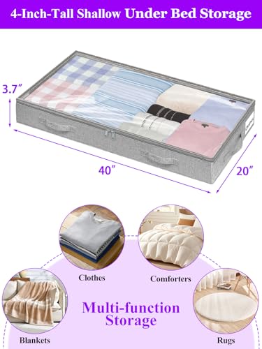 4-in Low Profile Under Bed Storage, No Structure, 2-Pack, Gray | 4" Ultra-Slim, Clear Lid, Reinfoced Handles & Smooth Zips, Dustproof & Waterproof, for Low Bed, Couch, Crib Storage