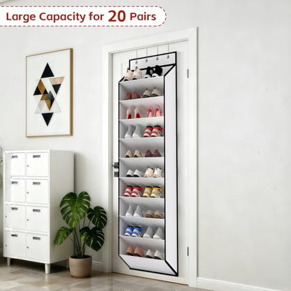 KEEPJOY 10 Tiers White Over Door Shoe Organizer Storage, Hanging Shoe Holder for Door with Large Deep Pockets, Fit 20-30 Pairs Shoe Rack for Sneakers, Boots (White)