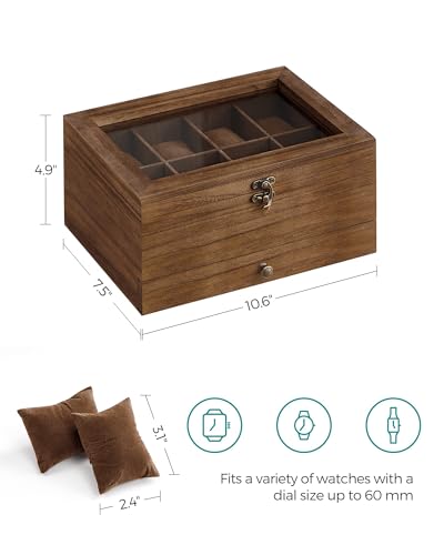 SONGMICS GISELLA Collection - 8-Slot Watch Box, 2-Tier Watch Display Case with Large Glass Lid, Removable Pillows, Velvet Lining, Jewelry Box, Gift Idea, Brown UJOW008K01