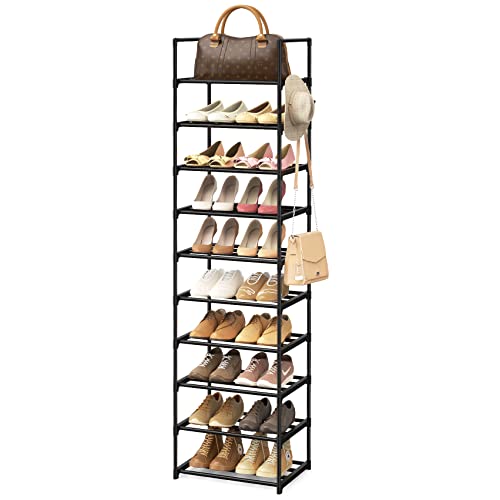 Narrow Shoe Rack 10 Tiers Tall Shoe Rack for Entryway Closet 20 24 Pairs Shoe & Boots Organizer Storage Shelf Durable Black Metal Stackable Shoe Cabinet with Hooks, 17.1D x 11.8W x 78.7H in
