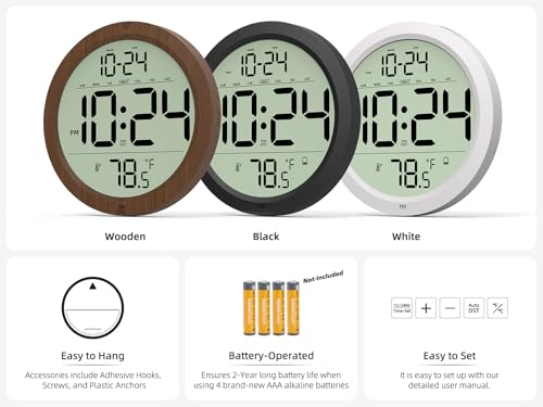 Digital Wall Clock Battery-Operated, 8 Inch Small Decorative Modern Wall Clock with Date, Temperature, Auto-DST, Silent Electric Wall Clock for Bedroom, Living Room, Kitchen, Office, Farmhouse -Black