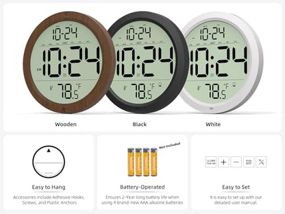 Digital Wall Clock Battery-Operated, 8 Inch Small Decorative Modern Wall Clock with Date, Temperature, Auto-DST, Silent Electric Wall Clock for Bedroom, Living Room, Kitchen, Office, Farmhouse -Black