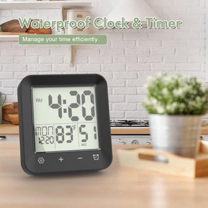 Waterproof Shower Clock, Digital Bathroom Kitchen Wall Clock Timer w/Temp. | w/Calendar, Touch Screen, Suction Cup, Hanging Hole, Battery Operated,Black
