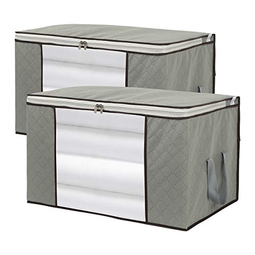 2 Pack Foldable Large Storage Bags for Clothes, Comforter, Quilt, Blanket | 28×20×12 inch, clear window handles, fits king comforter, under bed storage