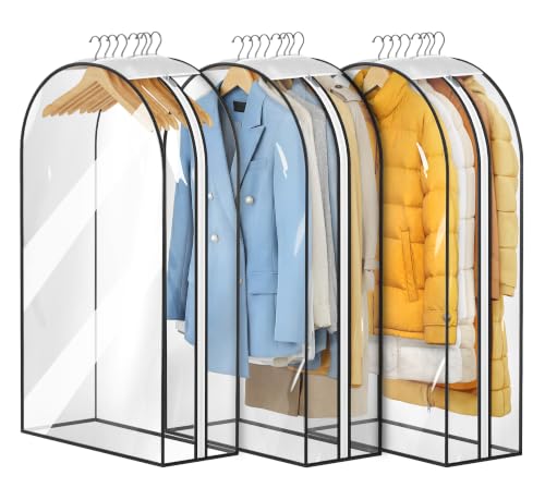 MISSLO 10" Gusseted All Clear Garment Bags for Hanging Clothes 3 Packs 40" Suit Bags for Closet Storage Hanging Clothes Storage Suit Cover for Shirts, Coats, Dresses