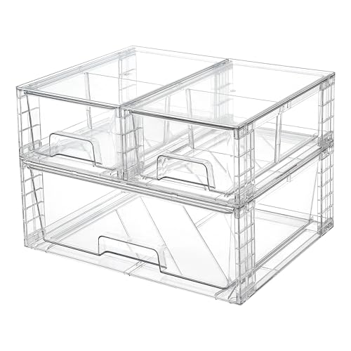 Vtopmart Clear Stackable Storage Drawers, 3 Pack Wide Organizer Set | Wide and Small Pull-Out PET Drawers with Stackable Design for Bathroom Organization, Cabinets, Closets, Pantry and Medicine