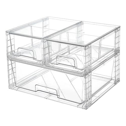 Vtopmart Clear Stackable Storage Drawers, 3 Pack Wide Organizer Set | Wide and Small Pull-Out PET Drawers with Stackable Design for Bathroom Organization, Cabinets, Closets, Pantry and Medicine