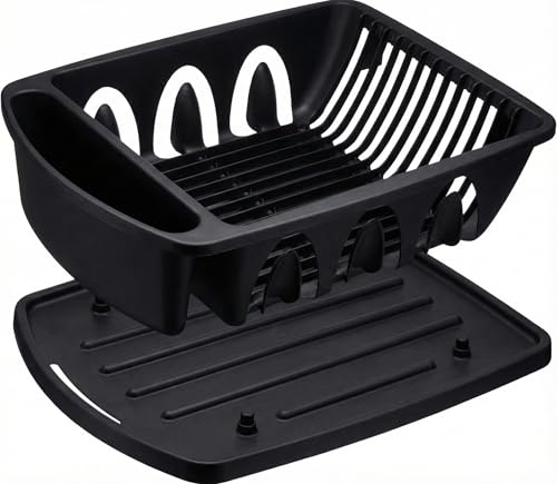 Tribello Sink Dish Drying Rack, Heavy Duty Hard Plastic Drying Rack, Dish Drainer for Kitchen Counter with Drainboard Set, with Silverware Holder - 18 x 13 x 6 (Black) - Made in USA