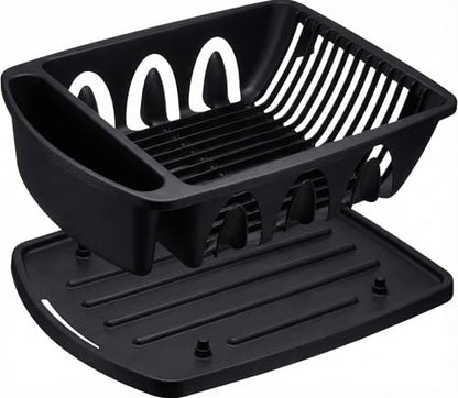 Tribello Sink Dish Drying Rack, Heavy Duty Hard Plastic Drying Rack, Dish Drainer for Kitchen Counter with Drainboard Set, with Silverware Holder - 18 x 13 x 6 (Black) - Made in USA