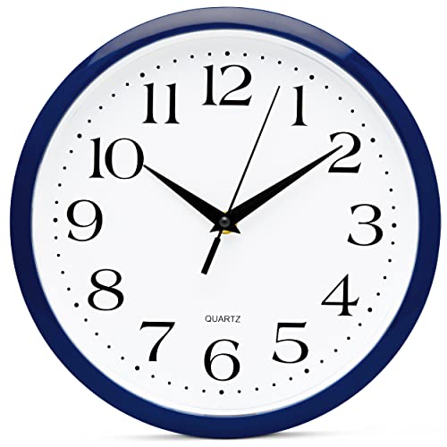 Bernhard Products Navy Wall Clock Silent Non Ticking - 10 Inch Quality Quartz Battery Operated Round Easy to Read Home/Kitchen/Office/Classroom/School Clock
