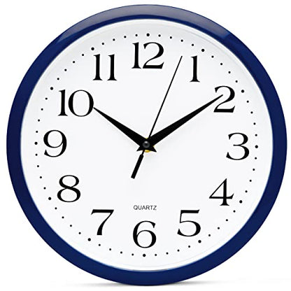 Bernhard Products Navy Wall Clock Silent Non Ticking - 10 Inch Quality Quartz Battery Operated Round Easy to Read Home/Kitchen/Office/Classroom/School Clock