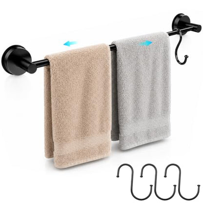 Adjustable Suction Cup Towel Bar – Towel Racks for Bathroom, 13.6-25 Inch, Stainless Steel Bathroom Towel Holder with 4 S Hooks, No Drill for Kitchen, Shower & Smooth Surfaces – Black