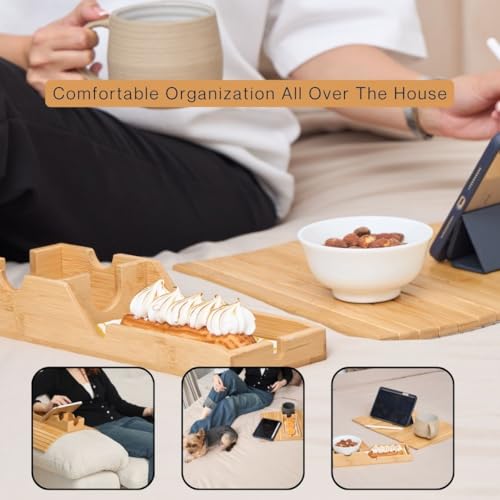 Couch Cup Holder Tray, Bamboo Sofa Arm Table with Removable Tray