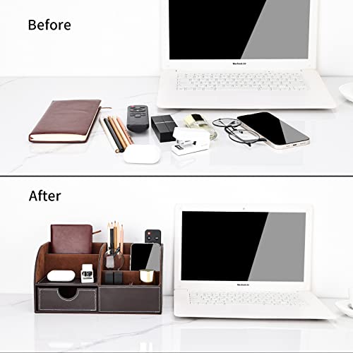 Pu Leather Desk Organizer Pen Pencil Holder Office Supplies Caddy Storage Box 6 Compartments with Drawer Brown