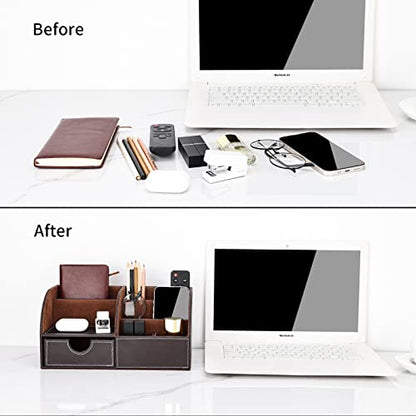 Pu Leather Desk Organizer Pen Pencil Holder Office Supplies Caddy Storage Box 6 Compartments with Drawer Brown