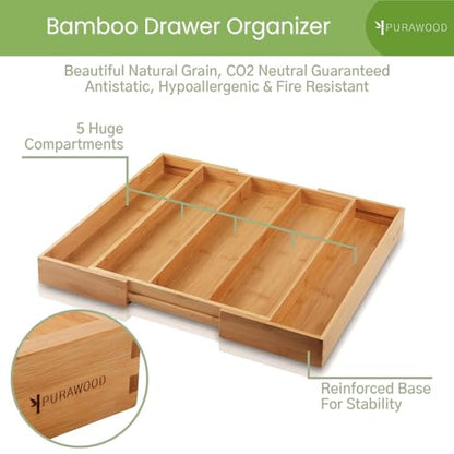 Purawood Kitchen Drawer Organizer, 2 Pack - Expandable Utensil Drawer Organizer for Kitchen, Cutlery Tray & Silverware Organizer, 3-5 Slots - Bamboo Organizer for Utensils & Flatware (Natural)