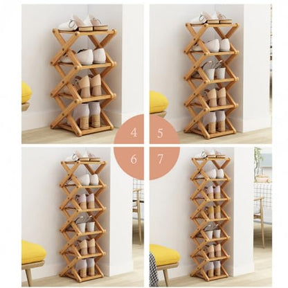 5 Tier Foldable Shoe Rack, Bamboo Vertical Shoe Organizer Tall for Multifunctional Narrow Shoe Shelf for Entryway, Closet, Corner, Bedroom, Hallway(Natural)