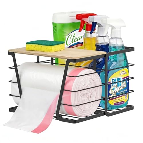 Trash Bag Dispenser 2 in 1 Under Sink Organizer, Garbage Bag Roll Holder | with Bamboo Lid, Fits 13/30/33 Gal Large Bag Roll, Open Back Storage for Tall Bottles, for Kitchen, Bathroom, Laundry Room