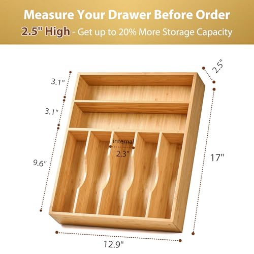 Bamboo Kitchen Drawer Organizer, 13 Inch Silverware Utensil Tray Holder, Extra Deep Grooved Drawer Divider, 7 Slots Total Bamboo Wood Caddy for Flatware Cutlery Knives, Forks, Spoons