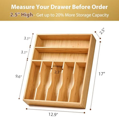 Bamboo Kitchen Drawer Organizer, 13 Inch Silverware Utensil Tray Holder, Extra Deep Grooved Drawer Divider, 7 Slots Total Bamboo Wood Caddy for Flatware Cutlery Knives, Forks, Spoons