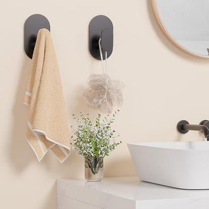 Aikzik Adhesive Towel Hooks - 4 Pack 26LB Extra Strong Heavy Duty Wall Hooks for Bathroom/Shower Door Hanging Coat, Robe, Towel, Dogs' Leads and Collars (Matte Black, Stainless Steel)