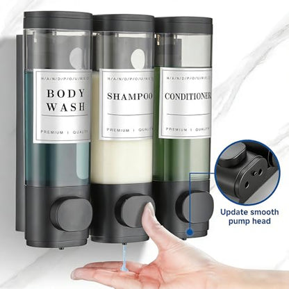 Shower Soap Dispenser Wall Mounted No Drill Shampoo Dispenser for Shower Wall Shampoo and Conditioner Dispenser Bathroom Hotel 3 * 300ml Black with Labels