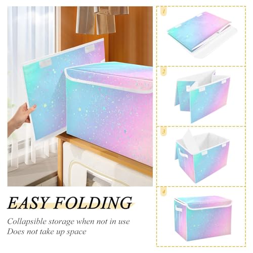 Large Collapsible Storage Bins with Lids, Unicorn Background with Rainbow Storage Baskets Organizer Containers with Handles for Clothes
