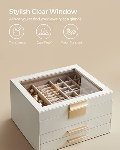 SONGMICS GISELLA Collection - Jewelry Box Organizer with Glass Lid, 3-Layer Jewelry Storage, with 2 Drawers, Modern Style, 8 x 9.1 x 5.3 Inches, Cloud White and Gold Color UJBC239WT