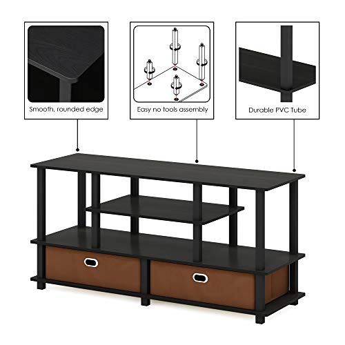Furinno Jaya Toolless Assembly TV Stand for TV up to 55 Inch, 4-Tier Entertainment Center, TV Console with 2 Storage Bins, for Living Room, Bedroom, Home Office, Black Espresso