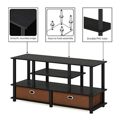 Furinno Jaya Toolless Assembly TV Stand for TV up to 55 Inch, 4-Tier Entertainment Center, TV Console with 2 Storage Bins, for Living Room, Bedroom, Home Office, Black Espresso