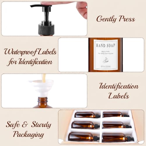 12 Pack 16oz Amber Glass Bottles with Pump Dispensers | Refillable Soap Dispensers for Shampoo, Conditioner, Lotion & Body Wash, Bathroom & Kitchen, Includes 2 Funnels & 12 Labels