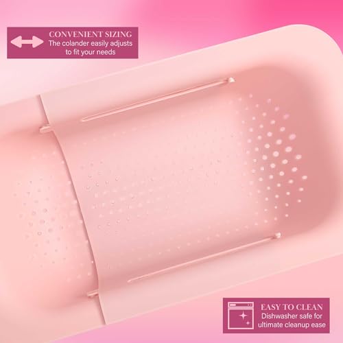 Paris Hilton Over the Sink Expandable Colander, Extendable Strainer, Adjustable from 14.5 inches to 19.5 inches, Fits most kitchen sinks, Made without BPA, Pink