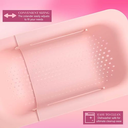 Paris Hilton Over the Sink Expandable Colander, Extendable Strainer, Adjustable from 14.5 inches to 19.5 inches, Fits most kitchen sinks, Made without BPA, Pink