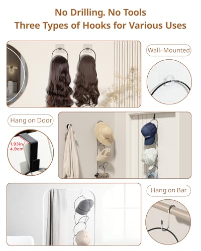 15 Pack Hat Rack Hanger Holder Organizer Closet Hanging Baseball Cap Display Storage Rack for Scarves Handbags Towels Clothes Ties Over Door Wall Mounted w Hanging Hook Black