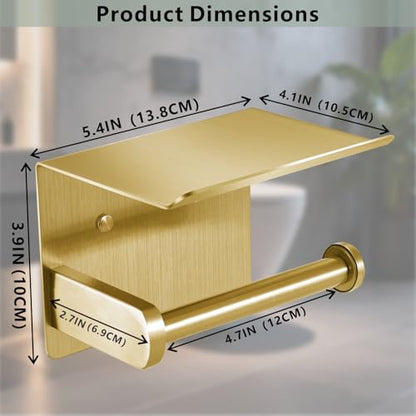 Toilet Paper Holder with Shelf, Heavy-Duty Stainless Steel Bathroom Hardware, Self-Adhesive No-Drill/Drill-Mount Wall-Mounted Roll Holder, Rust-Proof Bathroom Tissue Rack (Gold)