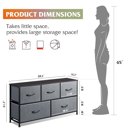 WLIVE Wide Dresser for Bedroom, 5 Drawer Chest of Drawers, Dark Grey | 5 roomy fabric drawers, Wide storage design, Bedroom or closet use, Sturdy steel frame, Smooth wood tabletop